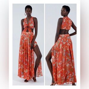 My Beachy Side Begonia Flowy Cut-Out Floral Orange Maxi Dress NWT